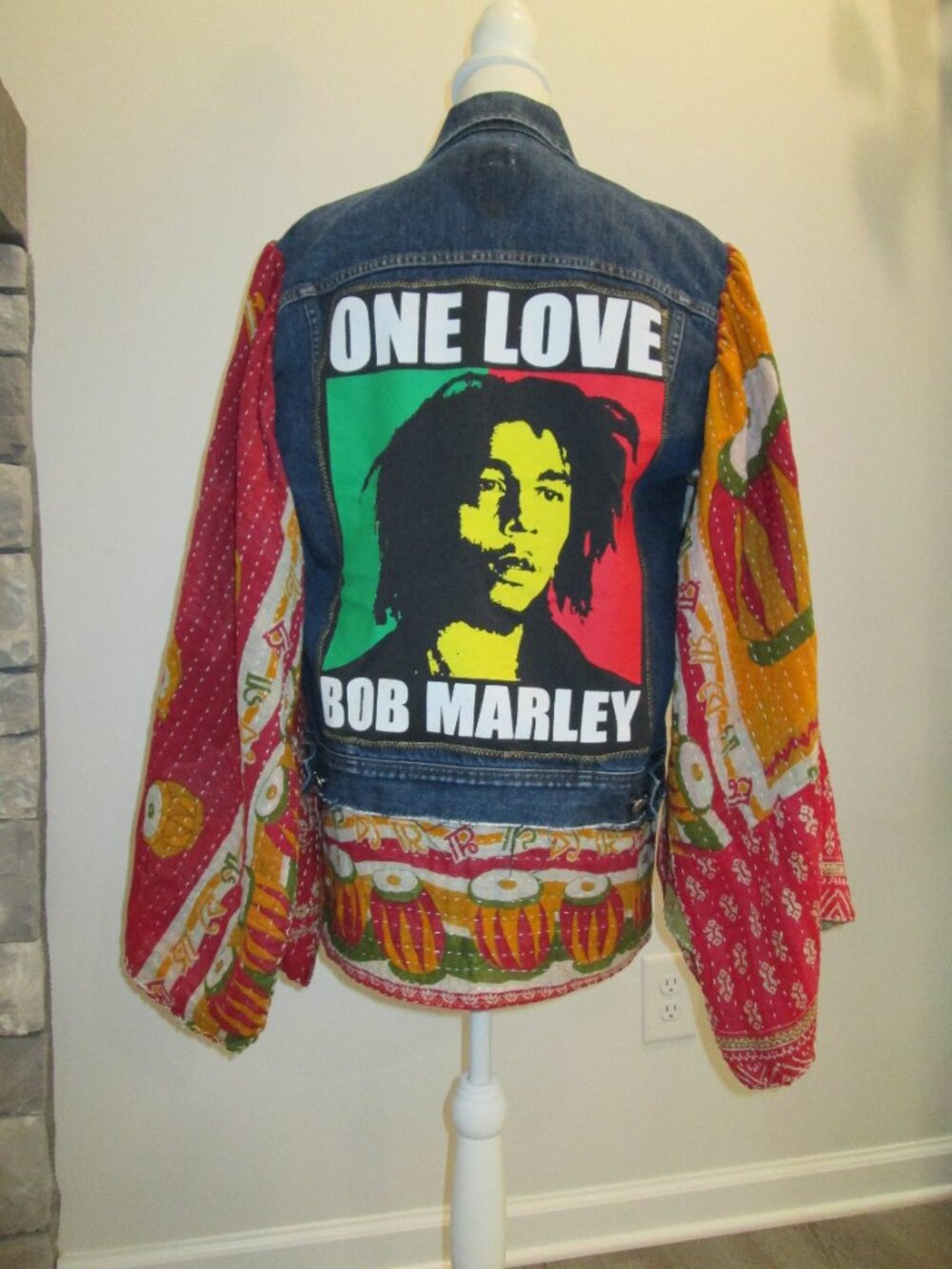Upcycled Vintage Bob Marley + Kantha Denim Jacket Sz L